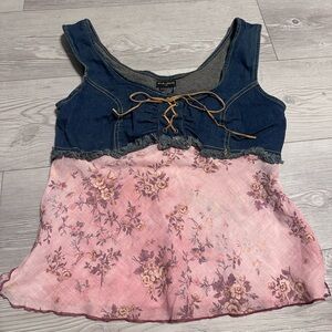 Vintage Y2K FANG denim lace up floral sleeveless blouse blue pink scoop neck, M